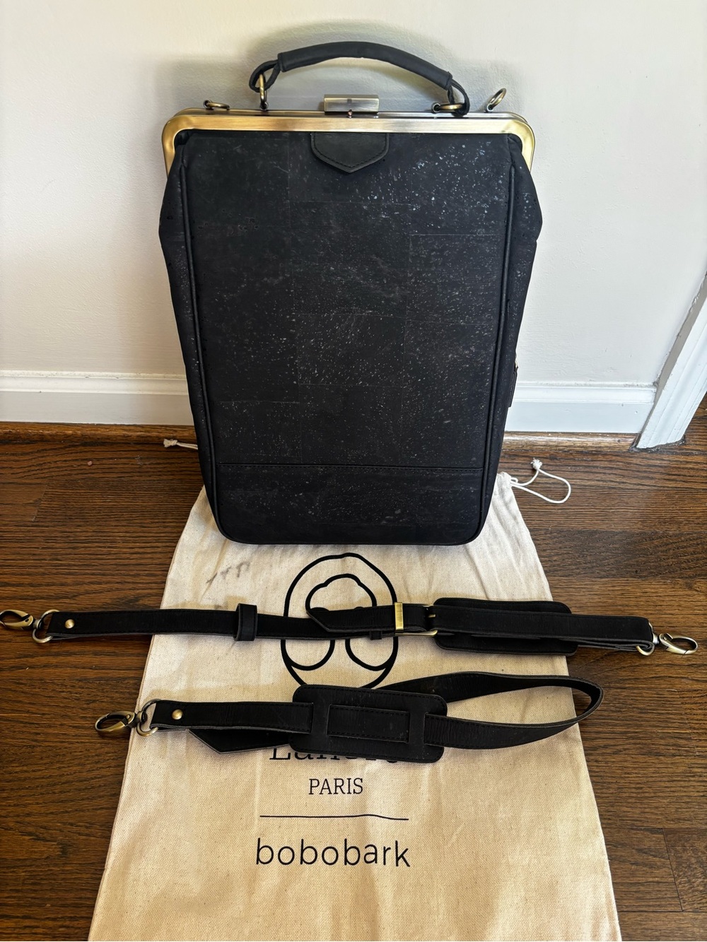 Laflore Paris Bobobark Black Cork Convertible Clamshell Backpack Purse Bag